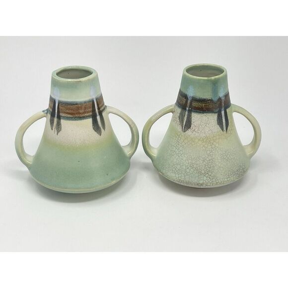 Vintage Made In Japan Double Handled Ceramic Vases Montacello 5” Green Set Of 2 - Picture 4 of 10